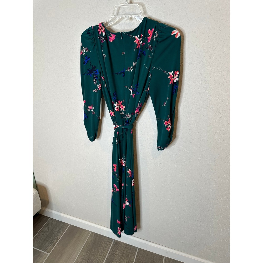 Eliza J Hunter Green Floral Long Sleeve Tie Waist Midi Dress EJ0M3214 Size 8 NWT - Picture 3 of 4